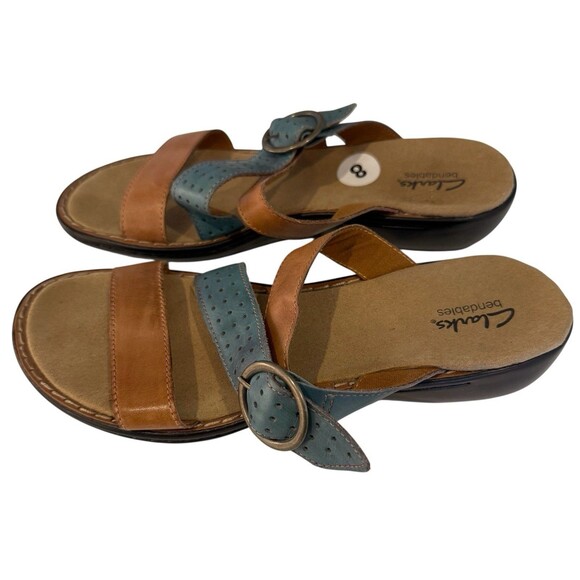 Clarks Bendables Slip On Two Tone Brown Blue Leather Slide Comfort Sandals 8 New - Picture 1 of 7
